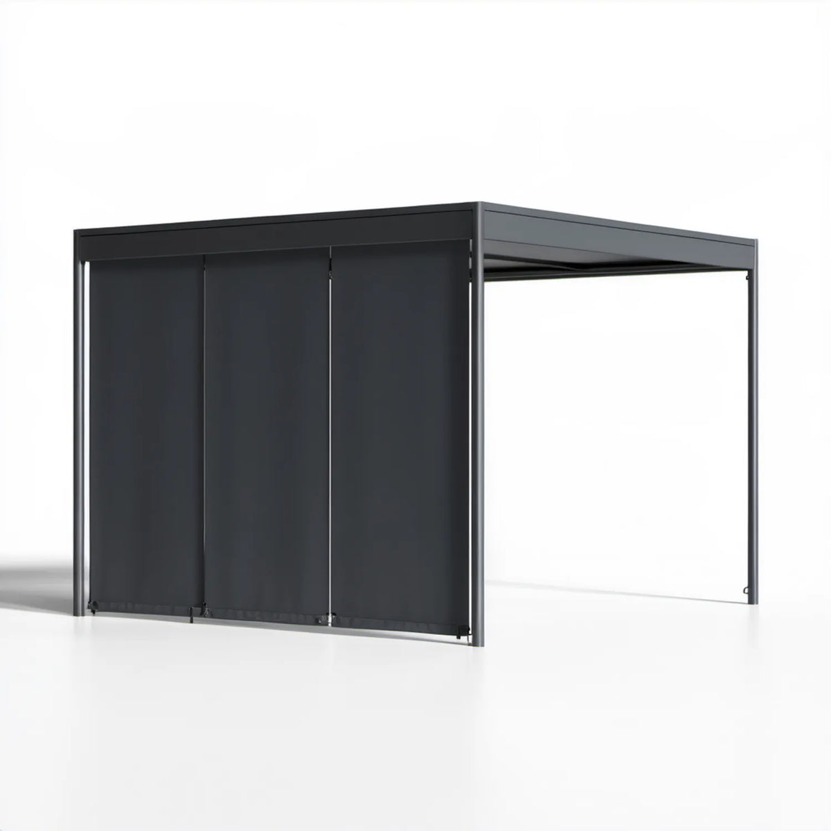 Antracytowa pergola ogrodowa 400 x 300 x 230 cm z aluminiową ramą, zadaszeniem i 3 zasłonami bocznymi