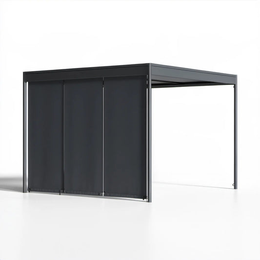Antracytowa pergola ogrodowa 400 x 300 x 230 cm z aluminiową ramą, zadaszeniem i 3 zasłonami bocznymi