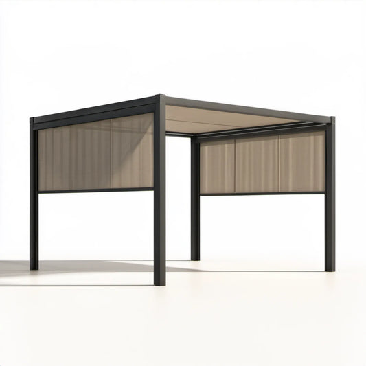 Pergola ogrodowa 300 x 300 x 230 cm czarna z beżowym dachem i roletami bocznymi